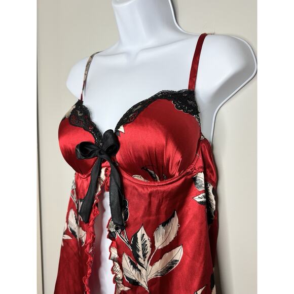 VTG Y2K Red Floral Satin Babydoll Chemise XL Lace Trim Red Boudoir Lingerie - Picture 2 of 11
